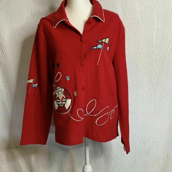 Vtg Onque casuals embroidered Red Sailor Themed Print Button Up collared sz XL - Picture 7 of 8